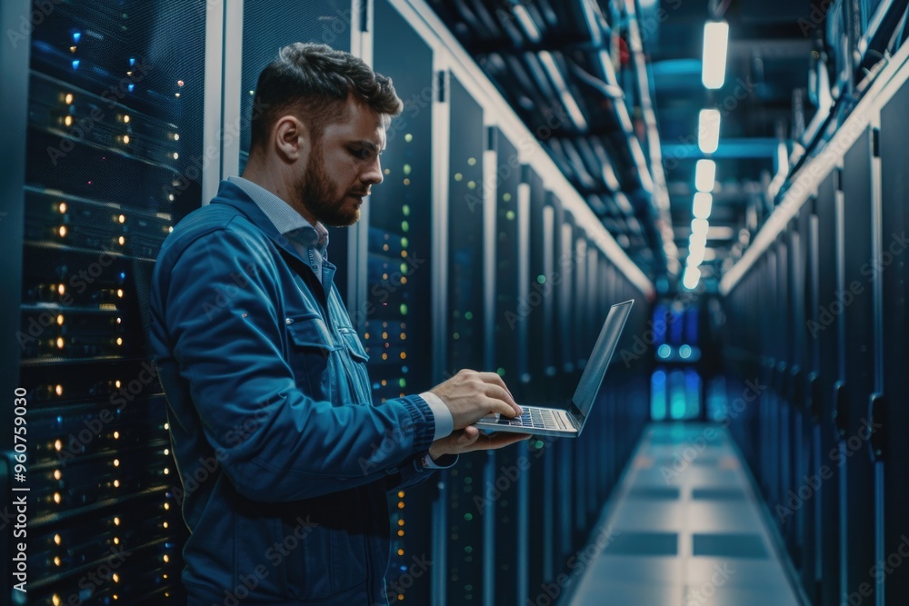 Poster a person working on a laptop in a data center or it facility
