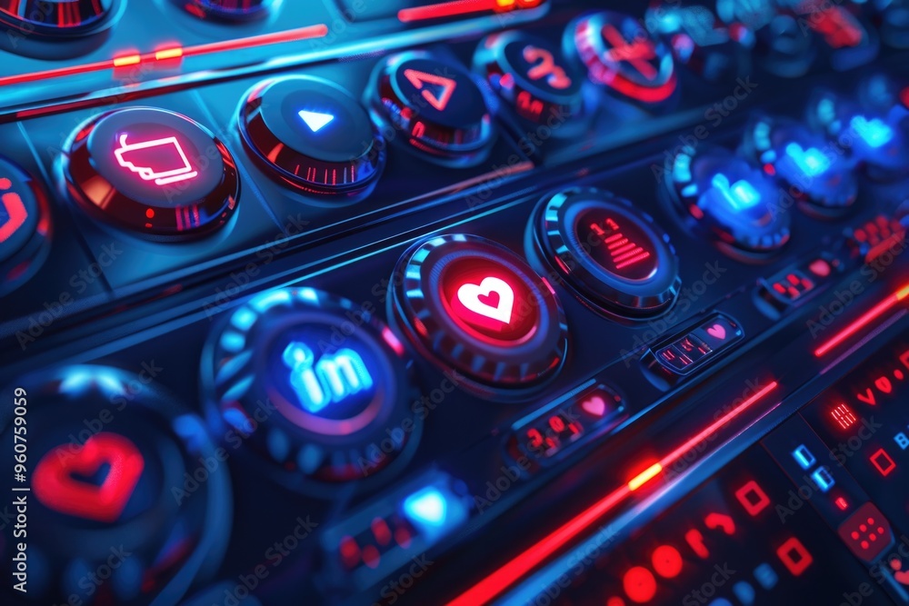 Aufkleber A close-up view of a control panel with red and blue lights, suitable for use in technology or machinery-related contexts