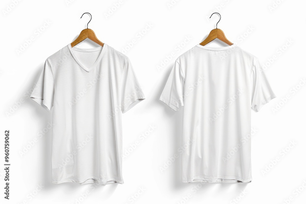 Wall mural two white t-shirts hung on a wooden hanger, suitable for fashion or lifestyle photography