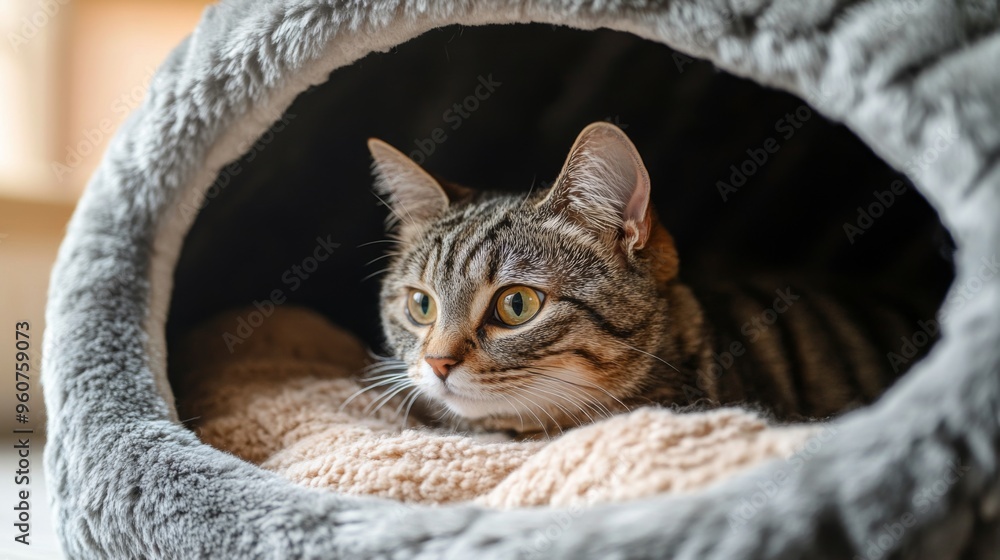 Poster close-up of a cozy, plush cat house with soft bedding inside, nestled in a corner, offering a perfec
