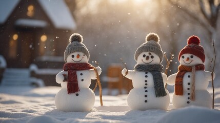 Snowman Family Gathering: Colorful Winter Wonderland Scene