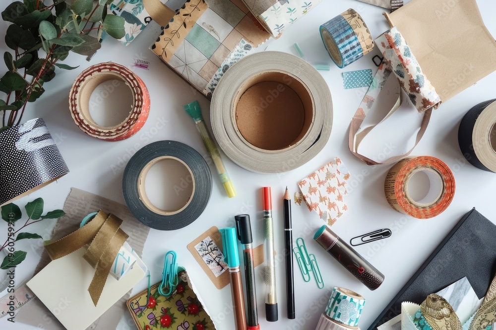 Canvas Prints A cluttered tabletop filled with various crafting materials and tools