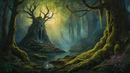 Mystical forest with a glowing tree and a stream.