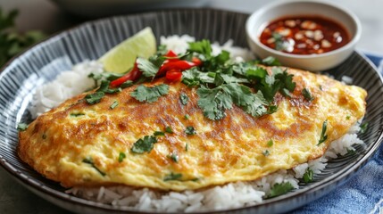 Close-up of a crispy, fluffy Thai omelette resting on rice, served with a side of spicy sauce and fresh herbs, highlighting the texture and rich flavor.