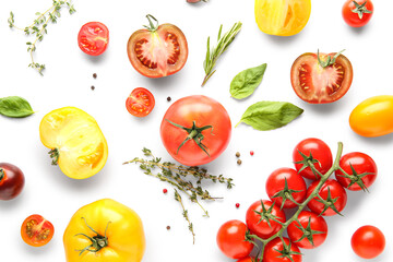 Different fresh tomatoes with basil, rosemary and peppercorn on white background