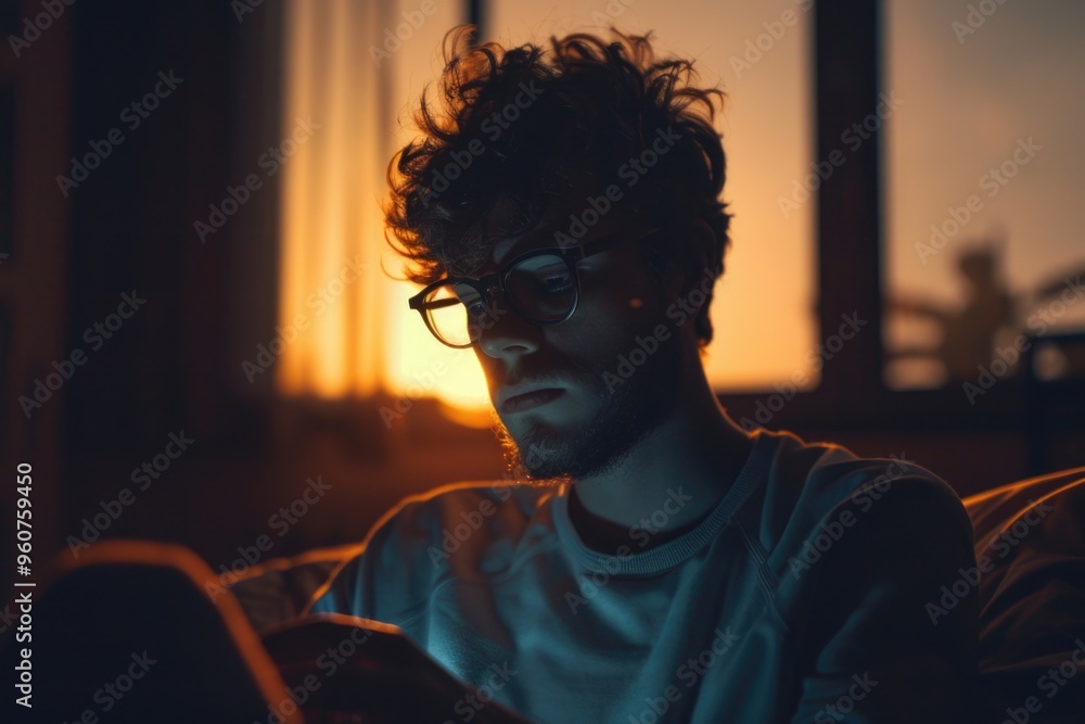 Poster a person sitting on a couch looking at their mobile device, possibly texting or browsing