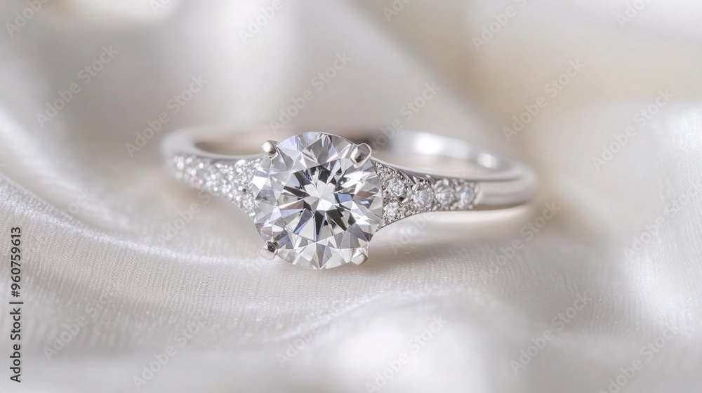 Poster Close-up of a diamond engagement ring on a white background, capturing the fine details of the setting and the sparkling gem.