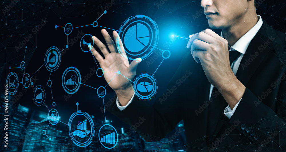 Poster data analysis for business and finance concept. interface showing future computer technology of prof