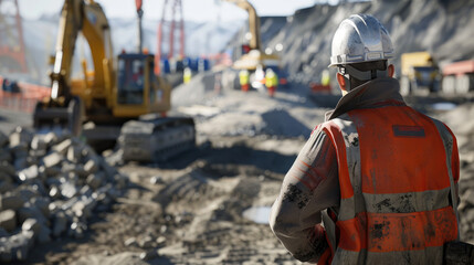 Obraz premium A construction worker watches excavators and trucks operate on a bustling construction site under clear skies