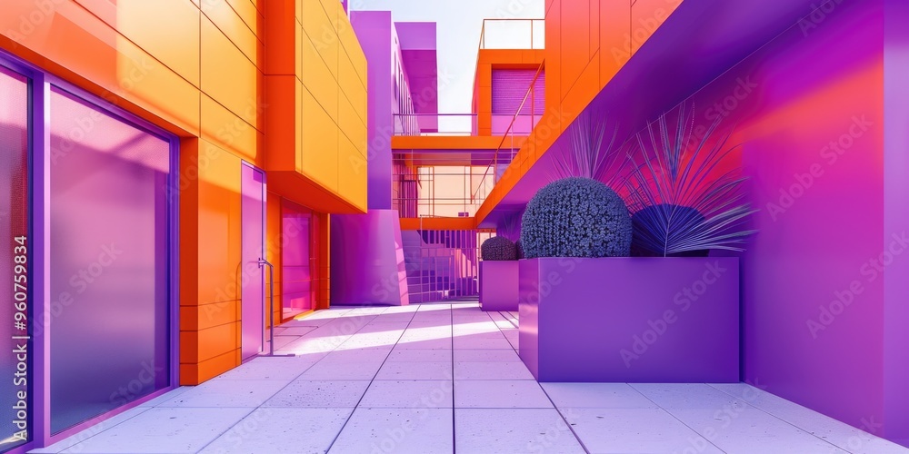 Aufkleber a hallway with a planter and a building in the background