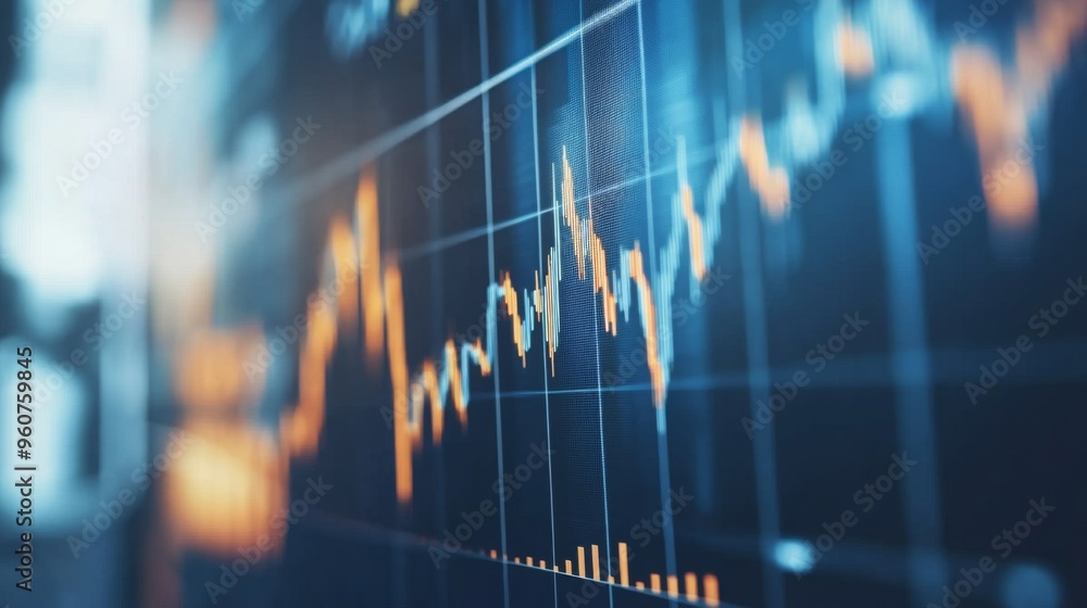 Poster close-up of a financial graph on a computer screen, showcasing upward and downward trends with detai