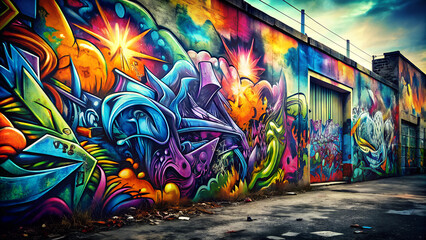 Vibrant street art mural with graffiti in an urban setting showcasing colorful designs
, graffiti on the wall