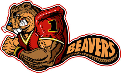 beaver mascot in football jersey with wording in tail for school, college or league © EarlFergusonClipart