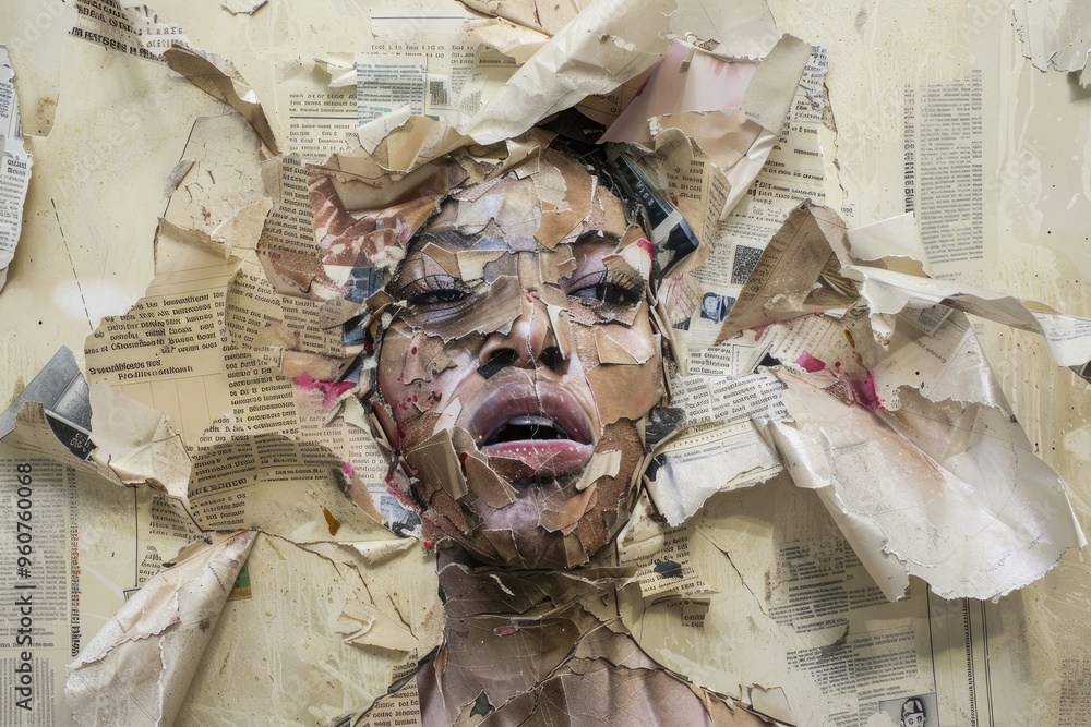 Poster a striking representation of a woman's face formed from crumpled and torn paper, exploring themes of