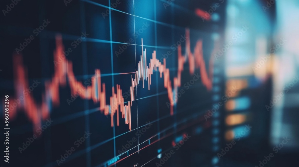Poster close-up of a financial graph on a computer screen, showcasing upward and downward trends with detai