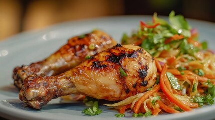 Fototapeta premium Close-up of a flavorful grilled chicken drumstick paired with a tangy papaya salad, highlighting the juicy meat and fresh, crisp vegetables.