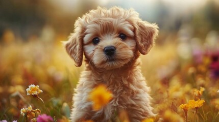 Close-up of a fluffy puppy with a tiny nose and bright eyes, sitting in a field of flowers, enhancing its cuteness and natural beauty.