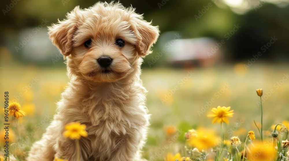 Poster close-up of a fluffy puppy with a tiny nose and bright eyes, sitting in a field of flowers, enhancin