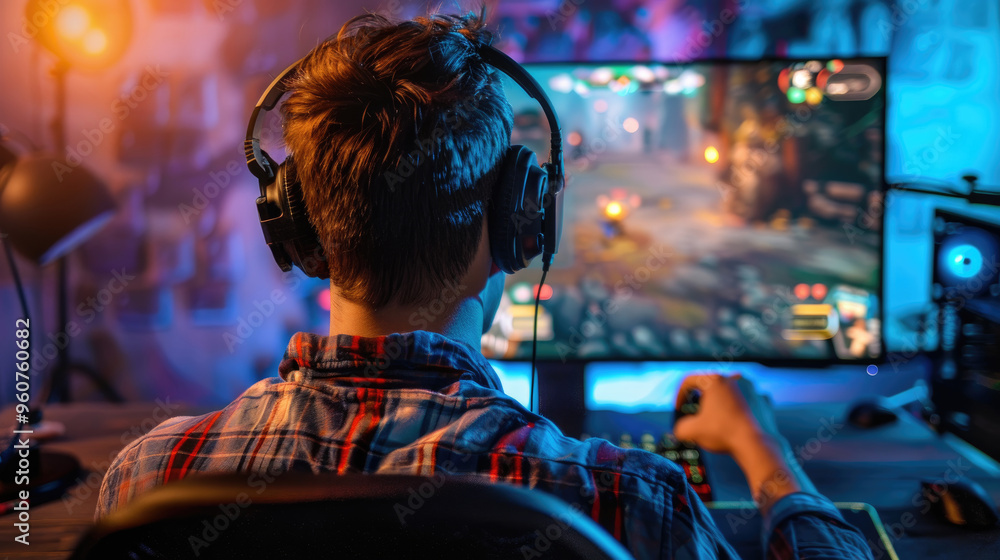 Poster a focused individual actively plays a colorful video game on a computer, surrounded by ambient light