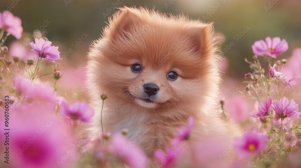 Poster close-up of a fluffy puppy with a tiny nose and bright eyes, sitting in a field of flowers, enhancin