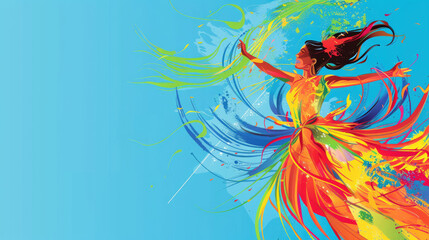 Obraz premium A dancer showcases her talent by twirling gracefully, creating a swirl of vibrant colors and dynamic movement in the air
