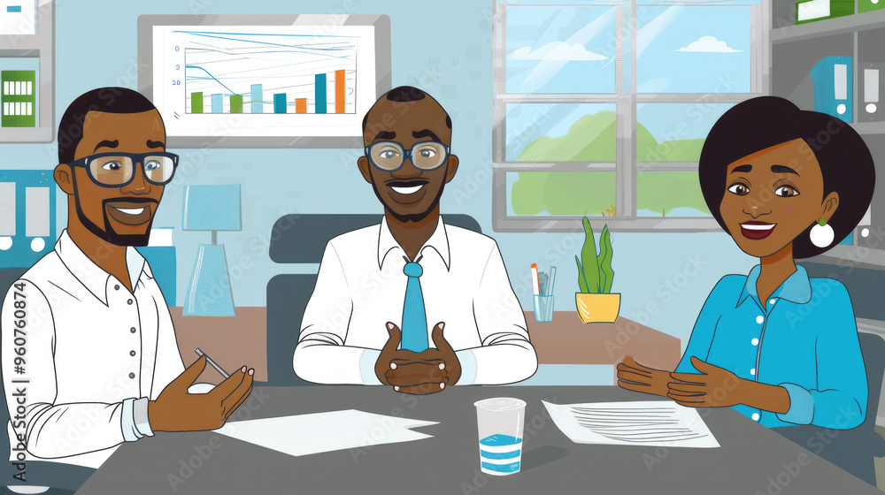 Poster three professionals in an office setting engage in a discussion about business strategies and goals 