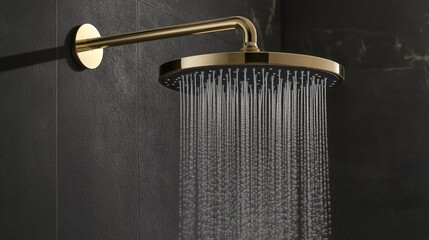 Luxurious rain showerhead with matching extension arm in brushed gold, set against a dark matte wall, offering a sleek and modern bathroom aesthetic