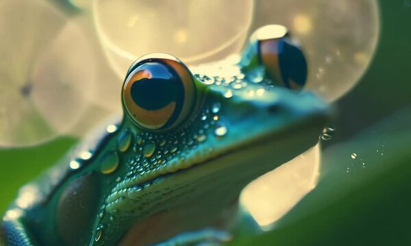 A close-up, out of focus shot of a green frog with blue eyes resting on a green leaf in the sunshine.