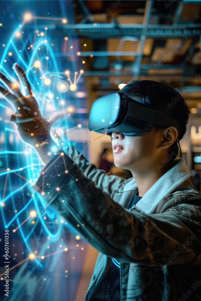 Poster the individual interacts with a digital interface while wearing a vr headset, immersed in a virtual 