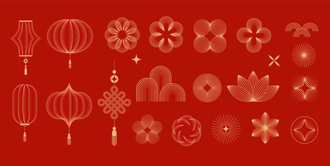 Chinese New Year icons, symbols and decorations. Abstract linear design, illustrations. Line art lanterns, flowers, clouds and frames. Collection of modern minimalist illustrations © Marina Zlochin