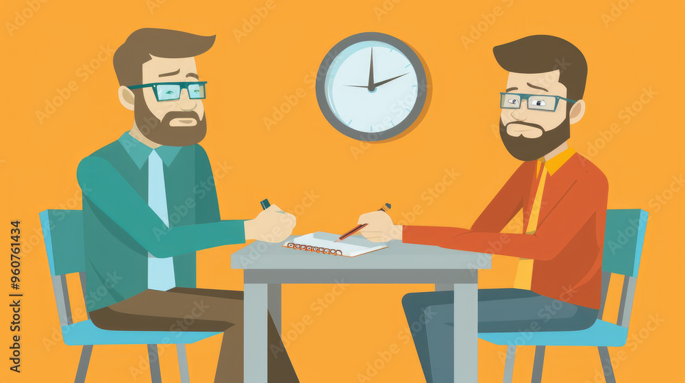 Aufkleber two individuals sit together at a table, actively discussing notes while a clock keeps time above th