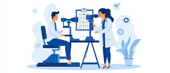 a doctor performing an eye checkup , with an eye chart in the background, clinic eye exam. optometrist optical.
