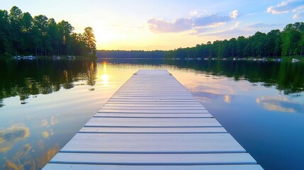 Fototapeta premium Tranquil Reflections: Capturing the Peaceful Sunset Moment on a Serene Lakeside Dock