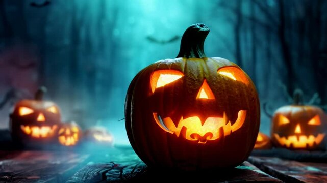 An enchanting Halloween scene with a plethora of eerie pumpkins set against a mysterious forest backdrop