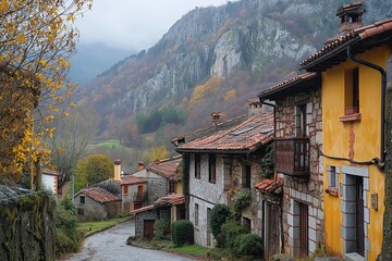 Fototapeta premium A quaint village street features stone and yellow houses surrounded by vibrant autumn colors under a moody sky.
