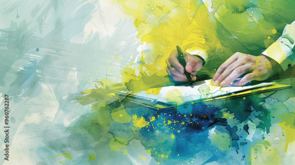 Poster a person is focused on writing notes on a notepad, surrounded by colorful watercolor splashes that e