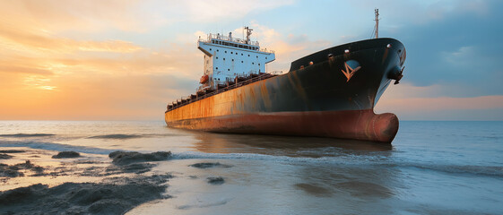Large container freight cargo ship stuck in low water at sandy shore. Generative AI