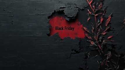 The inscription "Black Friday" on a red background is visible through the torn dark surface of the wall. The concept of urgent big sales.