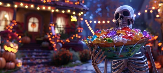 Halloween Skeleton Holding Candy Bowl in Front of Decorated House - Festive Autumn Night Scene