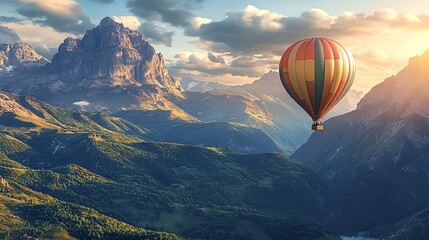 Fototapeta premium Hot air balloon is flying over a mountain range at sunset. The balloon is colorful and the mountains are green and lush