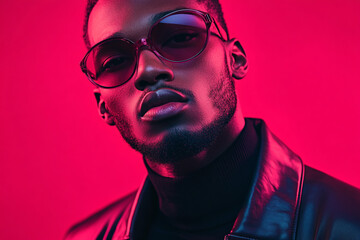 Fototapeta premium Mens Burgundy Eyewear with Solid Neon Pink Chic Lifestyle Portrait Featuring Neon Pink Details