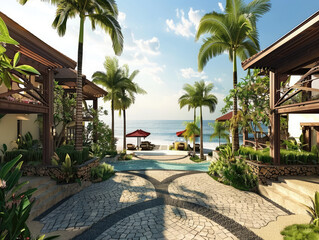 Fototapeta premium the landscape design of the pool area of the resort by the ocean with water view with palm tree and gazebo