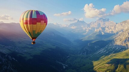 Obraz premium Hot air balloon peacefully drifts above a vast valley and majestic mountain range as the sun rises, casting colorful light on the landscape, capturing wanderlust and exploration