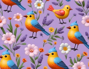 Fototapeta premium Elegant purple birds perched among floral patterns in a vibrant design provance