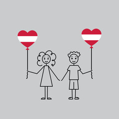austrian children, love Austria sketch, girl and boy with a heart shaped balloons, black line vector illustration