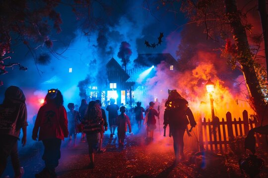 Children in Spooky Costumes Approaching a Halloween-Themed House with Animatronics and Fog Machines