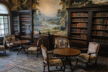 Historical Society Library with Antique Tables and Vintage Charm for Book Lovers