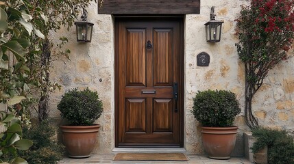 Ornate Wooden Door in Stone Archway