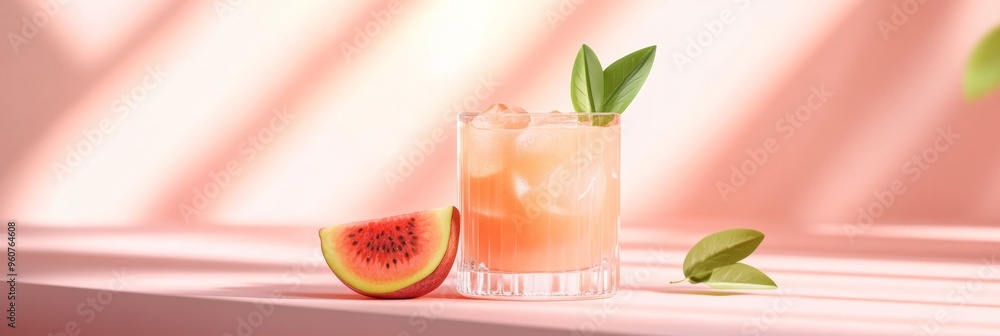 Poster a 3d single icon of a chilled guava juice in a glass with a slice of guava on the rim, featuring a s