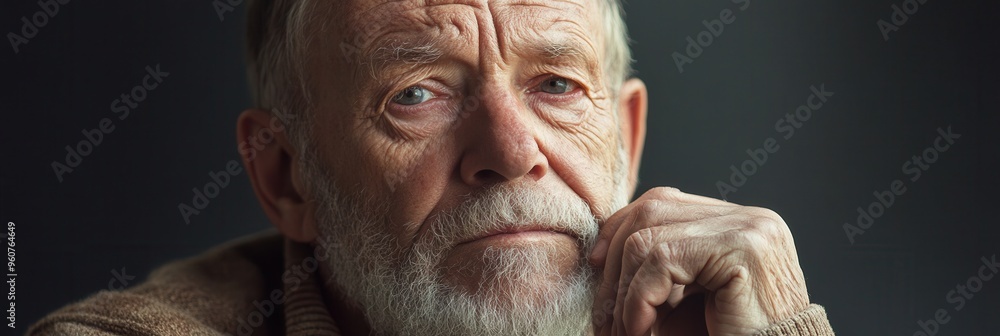 Leinwandbilder a man with a beard and serious expression reflects on life while resting his chin on his hand in a s